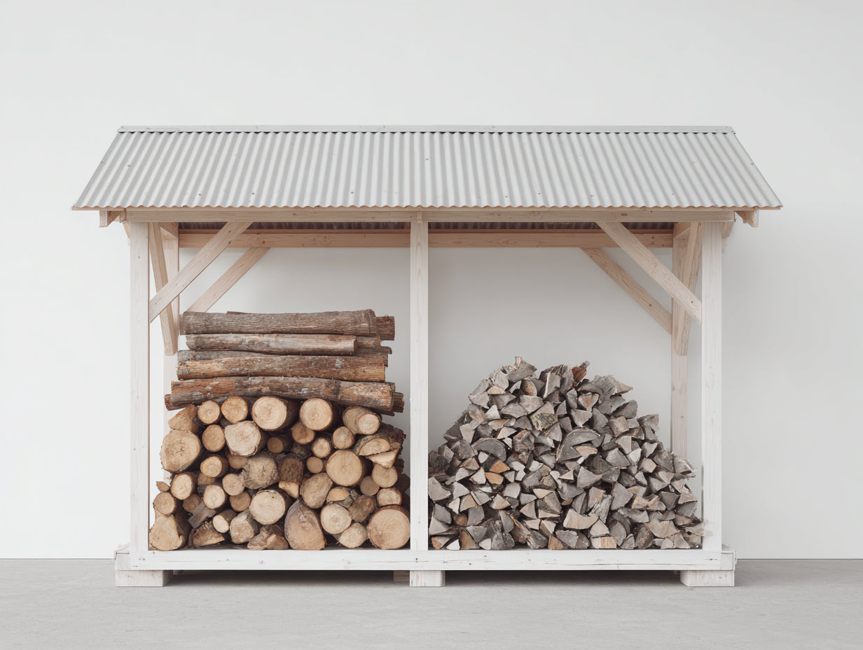 Abri à bûches-Bois-Métal-245x78x182 cm-Blanc-Gris-Bois naturel-Style atelier