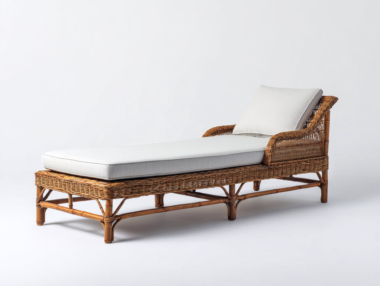 Bain de soleil - rotin-bois - 202x72x84 cm - naturel-beige clair - style naturel