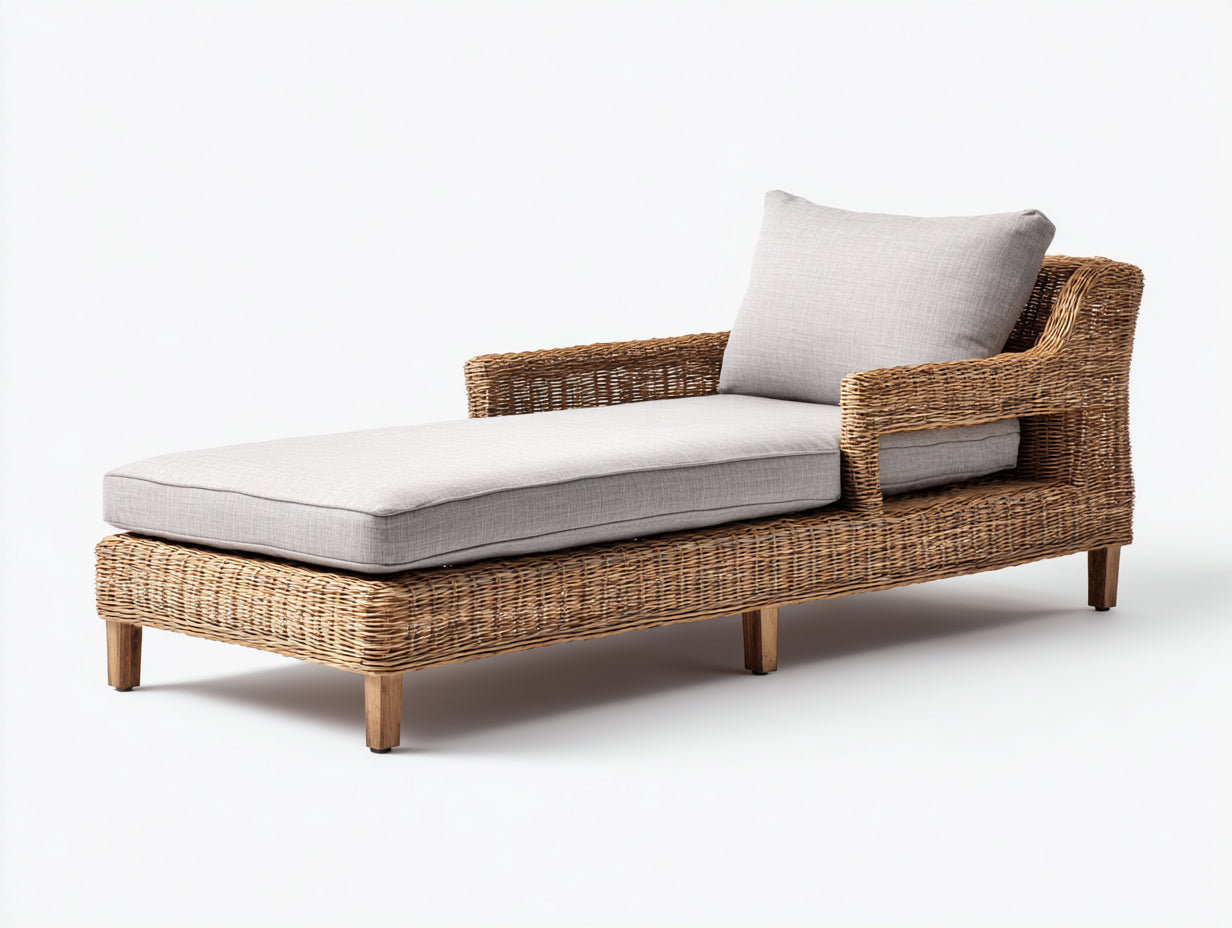 Bain de soleil - rotin-bois - 198x74x78 cm - naturel-beige clair - style naturel