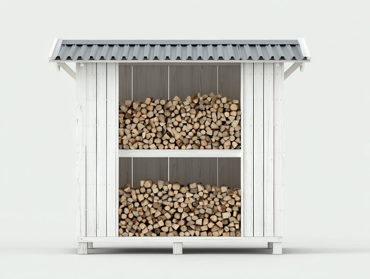 Abri à bûches-Bois-Métal-175x68x185 cm-Blanc-Gris-Style contemporain