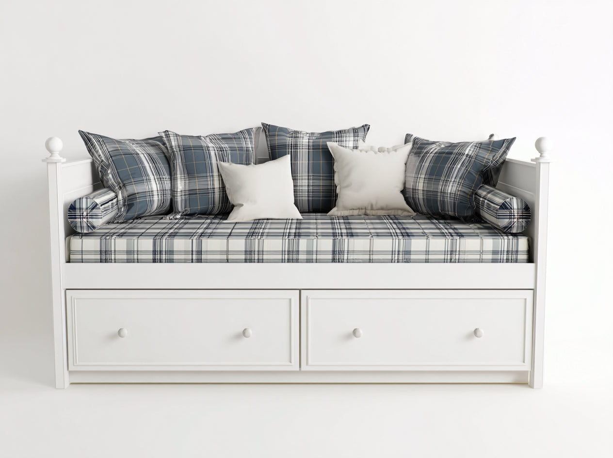 Canapé lit-Bois-tissu-207x92x94 cm-Blanc-Bleu-Gris clair-Style cottage