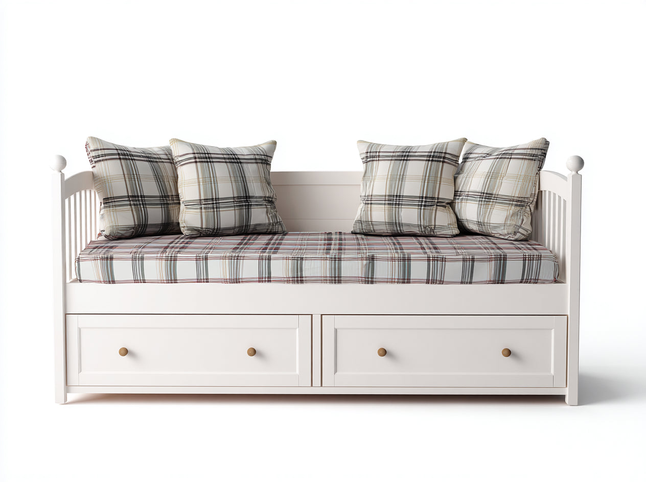 Canapé lit-Bois-tissu-203x92x89 cm-Blanc-Gris-Beige-Style cottage
