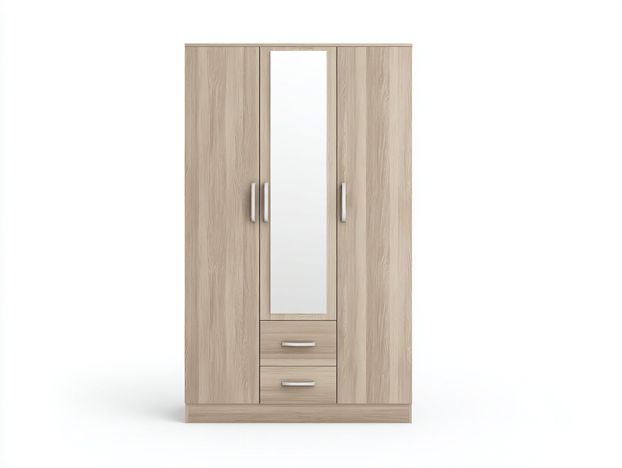 Armoire - bois-verre - 140x57x205 cm - bois clair-blanc-argenté - contemporain