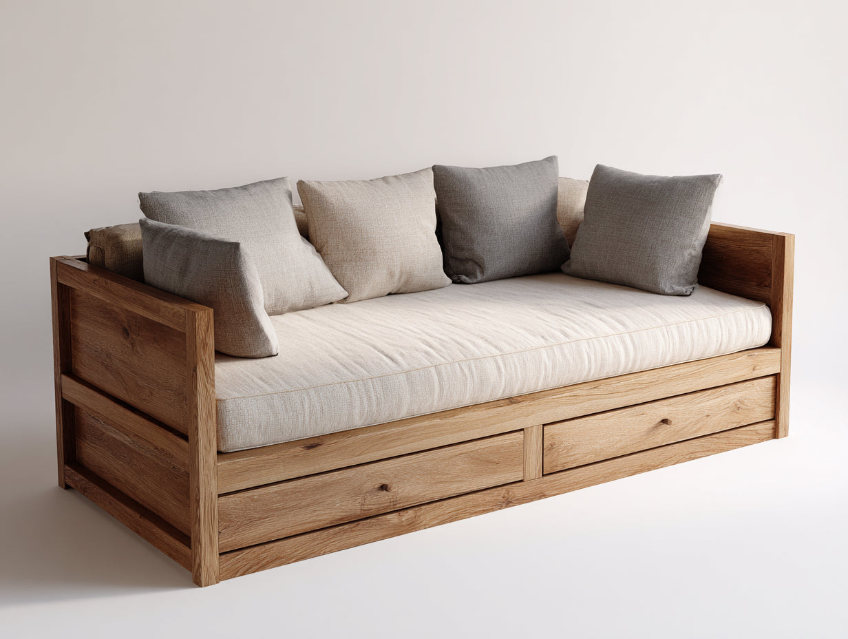 Canapé lit-Bois-tissu-212x92x84 cm-Chêne clair-Beige-Gris-Style naturel