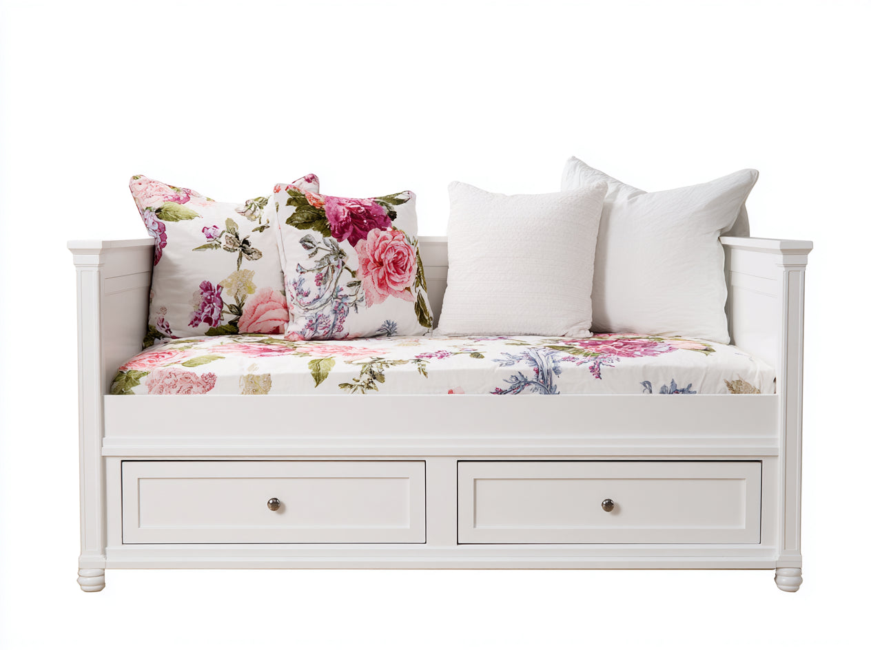 Canapé lit-Bois-tissu-205x93x88 cm-Blanc-Rose-Vert-Blanc cassé-Style romantique