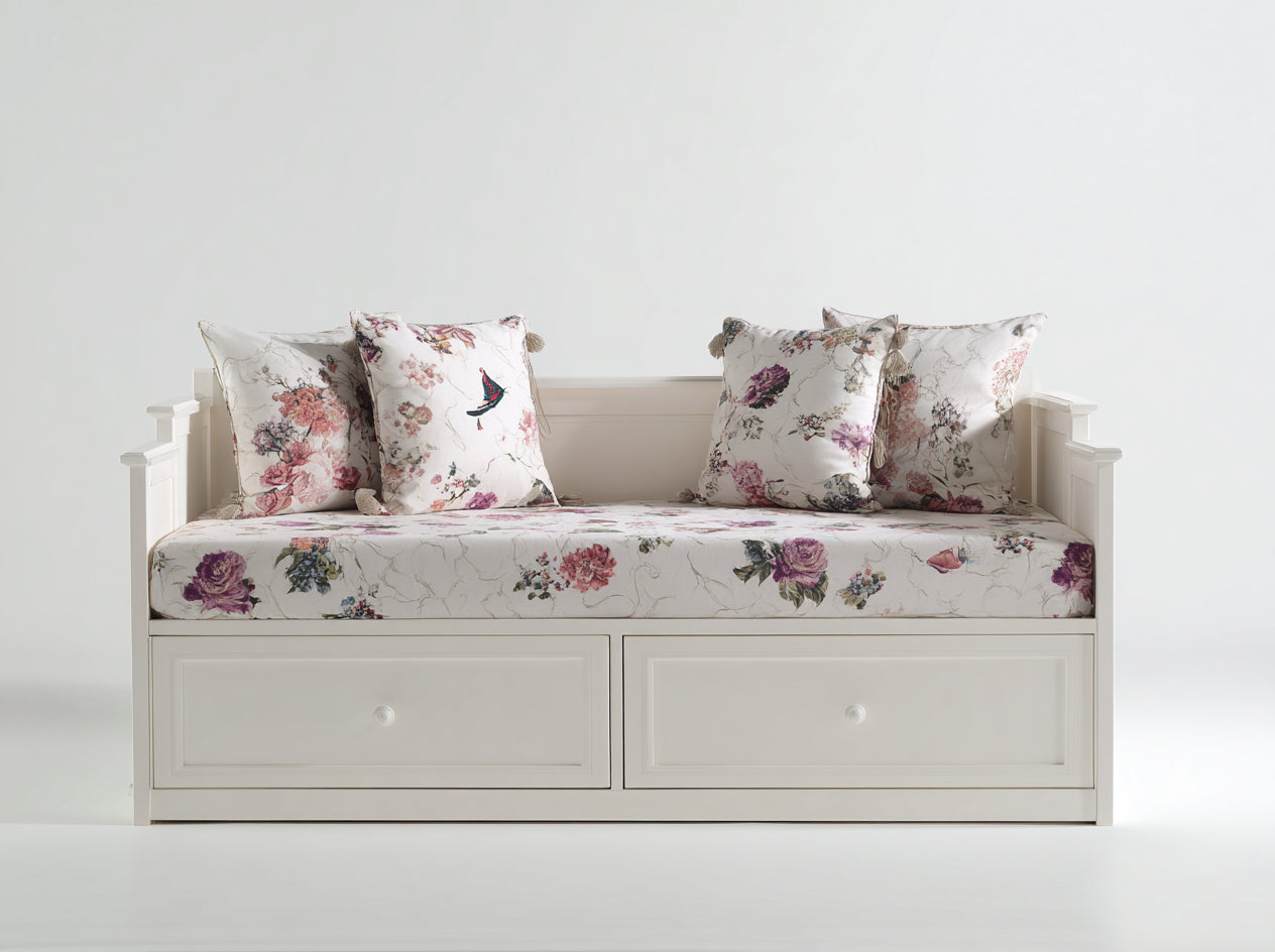 Canapé lit-Bois-tissu-201x90x83 cm-Blanc cassé-Crème-Rose-Violet-Vert-Style romantique