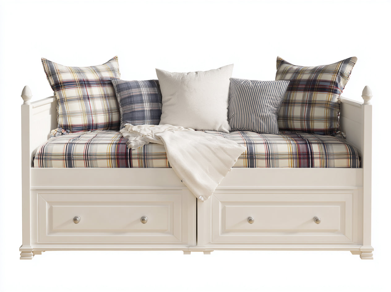 Canapé lit-Bois-tissu-208x94x95 cm-Blanc-Beige-Bleu-Rouge-Style cottage
