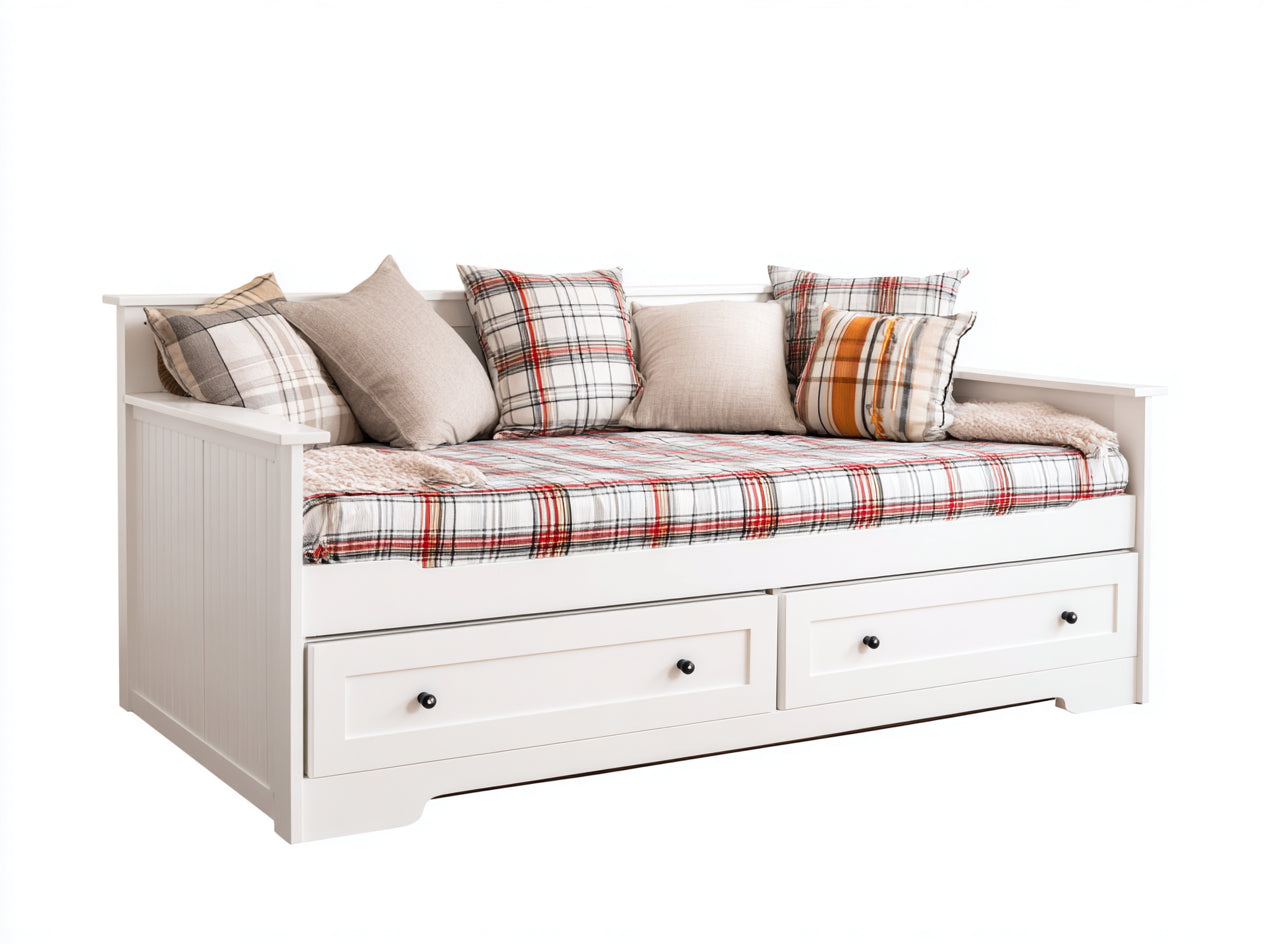 Canapé lit-Bois-tissu-210x91x86 cm-Blanc-Beige-Rouge-Gris-Style cottage