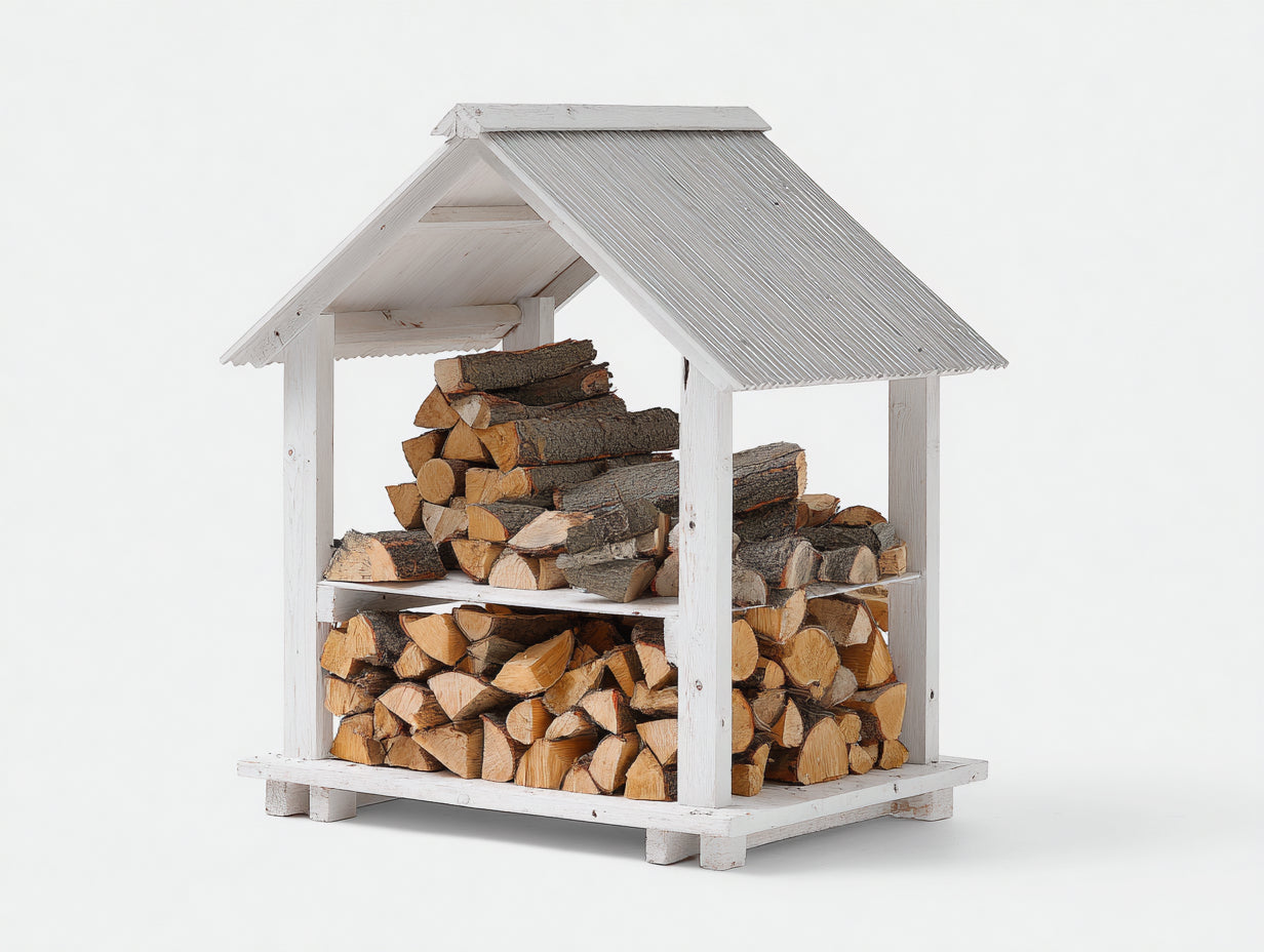 Abri à bûches-Bois-Métal-128x72x168 cm-Blanc-Gris-Style rustique